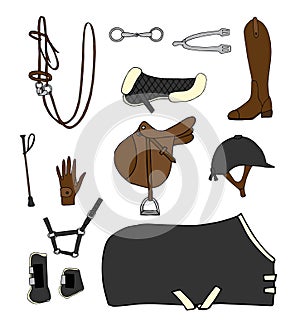 Vector set of horse riding equestrian equipment