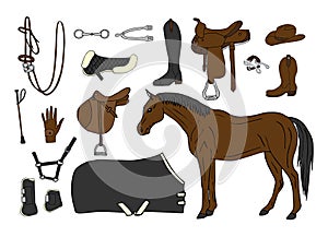 Vector set of horse riding equestrian equipment