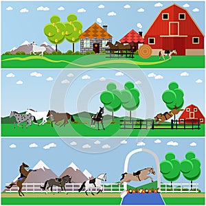 Vector set of horse riding, taming horses and farming concept banners, posters, flat style