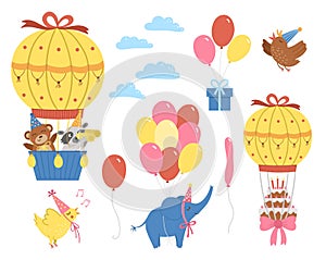 Vector set of hot air balloons, cute animals, birds and clouds. Adorable flying characters pack. Funny birthday clipart collection