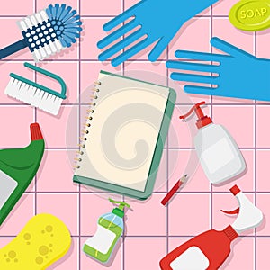 Vector set of household supplies cleaning product , tools of house cleaning on pink tile background with blank page open book for