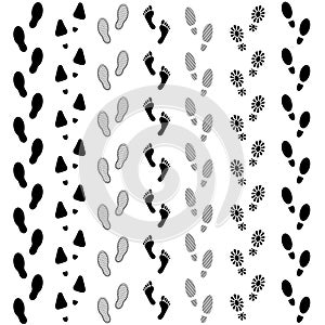 Vector set of human footprints icon. Collection of bare foots, boots, sneakers, shoes with heels. Design for frames, textile, fabr