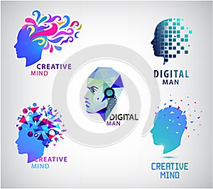 Vector set of human head, creative mind, think logos. Digital man