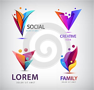 Vector set of human, people group logos. Family, business teamwork, friendship concept. 3d origami, multicolor men logo