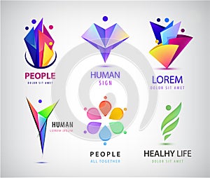 Vector set of human, people group logos. Family, business teamwork, friendship concept. 3d origami, multicolor men logo