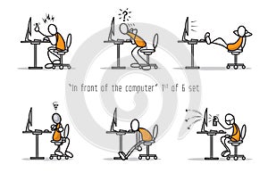 Vector set of humor cartoon man in front of a computer. Print illustration