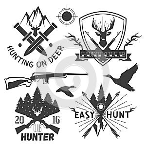 Vector set of hunting club labels in vintage style. Design elements, emblems, badges, hunt logo