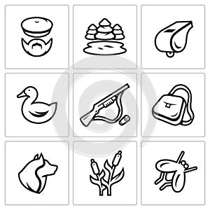 Vector Set of Hunting Icons. Hunter, nature, whistle, duck, rifle, bag, dog, cane, mosquito.