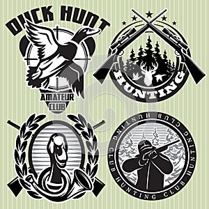 Vector set of hunting label with wild ducks and deer head