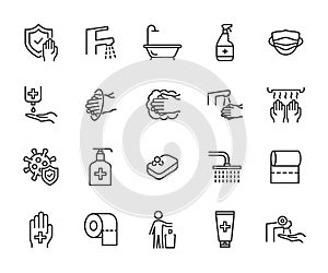 Vector set of hygiene line icons. Contains icons washing hands, antiseptic, soap, virus protection, bathroom, toothpaste and more.