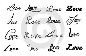 Vector set icon of 16 word Love