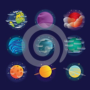 Vector set of icons, bright abstract planets with clouds and stars in a flat style