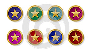 Vector set of icons, buttons in the form of gold stars in colored circles with a gold outline. With shadows and highlights