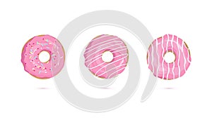 Vector set of icons of Donuts with pink glaze and sugar icing.