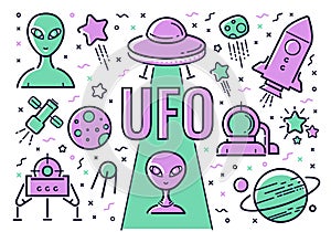 Vector set of icons and illustrations on the subject of UFOs in the style of flat