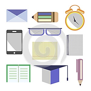 Vector set of icons. Letter, glasses, alarm clock, pen, pencil, notebook, paper, smart phone, academic cap. Isolated on the white