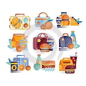 Vector set of icons with lunch boxes and bags with food and drinks. Hamburgers, sandwiches, cookies, juice, coffee