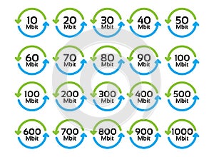 Vector set of icons of network speed from Mbit do Gbit. Internet acceleration. Simple speedometer
