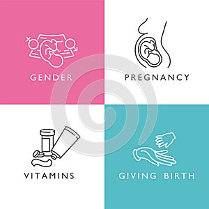 Vector set icons of obstetrics and pregnancy. Linear design for gender and pregnancy, vitamins age and giving birth