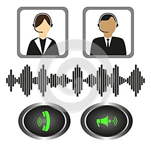 Vector set of icons telephone operators, call buttons and sound indicator.