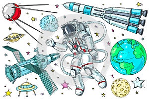 Astronaut in a spacesuit and rockets, hand drawn vector illustration. Set of space elements.