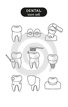 Vector set of icons on the topic of dentistry and dental treatment