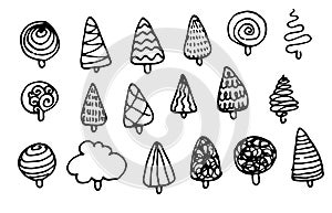 Vector set of icons of trees and Christmas trees. hand-drawn set of isolated elements trees simple shapes circles and