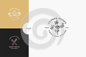 Vector set illustartion logos and design templates or badges. Organic and eco honey labels and tags with bees. Linear