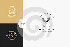Vector set illustartion logos and design templates or badges. Organic and eco honey labels and tags with bees. Linear