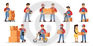 Vector set illustrating highlights of delivery services with workers in uniform and transport.