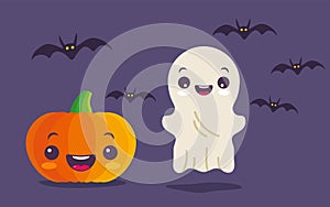 Vector set illustration of children in costumes for Halloween. Pumpkin, ghost and bats