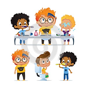 Vector Set of Illustration of cute kindergarten multiracial kids doing morning routine. Boy Brushing his teeth. Cute