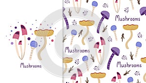 Vector set illustration and seamless pattern with poisonous inedible mushrooms, leaves and dots
