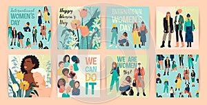 Vector set of illustrations with abstract women with different skin colors. International Womens Day. Struggle for