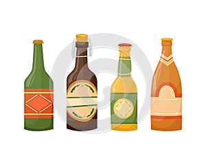 Vector set of illustrations of beer bottles. Alcoholic beverages
