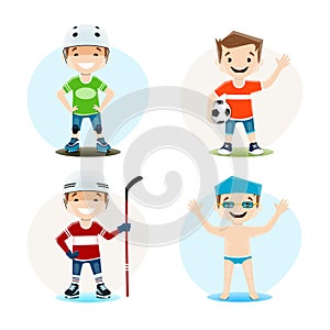 Vector set of illustrations of a boy involved in swimming, hockey, soccer and roller skating