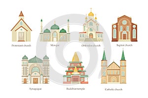 Vector set of illustrations of churches of different religious denominations. Religious architectural building