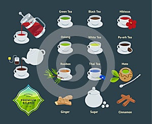 Vector Set of Illustrations of Different Varieties of Tea