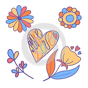 Vector set of illustrations with a flower and the inscription Make love, heart, hippie style