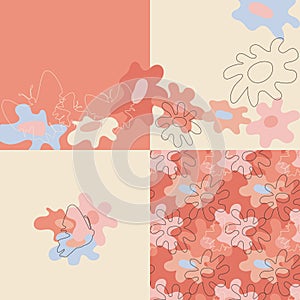 vector set of illustrations with flowers and butterflies in a minimalistic style