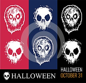 Vector set of illustrations for Halloween, creepy zombie head, skull white color on red, dark blue and black isolated.