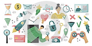 Vector set of illustrations on the Internet. Search, authorization, Wi-Fi, connection