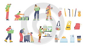 Vector set illustrations of reduce, reuse, recycle and zero waste concept, people use biodegradable things, sorting