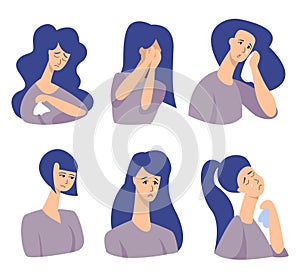 Vector with set images of women with emotions sadness, suffering, sorrow, grief, despondency, melancholy