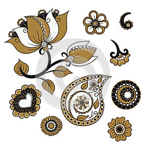 Vector set of indian folk ornamental elements. Collection of terms for creative design. Ethnic kalamkari ornament