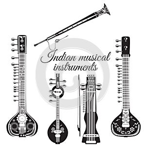 Vector set of indian musical instruments, flat style.