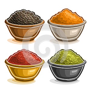 Vector set of Indian spices in bowls