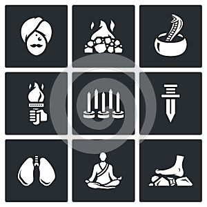 Vector Set of Indian Yoga Icons. Yogi, Burning coal, Fakir, Fire, Walking on nails, Swallowing a knife, Breathing