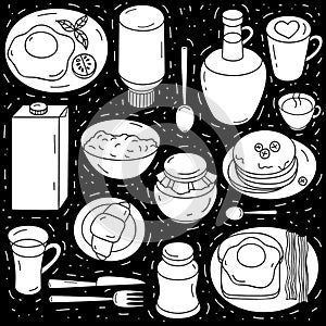 Vector set of ingredients for breakfast on black background.