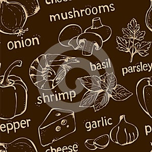 Vector set of ingredients for pizza isolated on a brown background